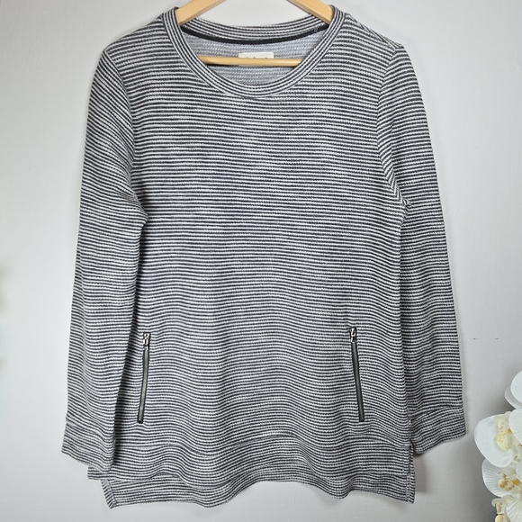 Per Se Sport Gray Stripe Knit Sweater Medium Large Stretch Country Cottage Chic - Picture 9 of 9
